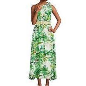 Antonio Melani Selene Tropical Print One Shoulder Sleeveless Belted Midi Dress